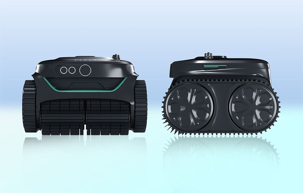Robot do czyszczenia basenów WYBOT C2PRO, H-Pattern, N-Pattern, V-Pattern, równomierny, Robot basenowy WYBOT – widok z przodu i z profilu na czarne gąsienice.