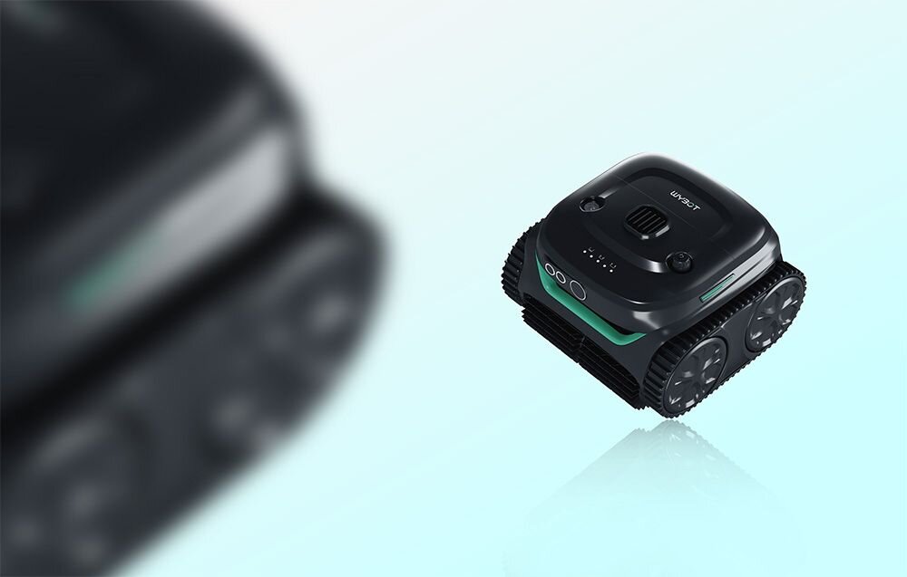 Robot do czyszczenia basenów WYBOT C2PRO, Bluetooth, smartfon, harmonogram, trasa, Czarny, bezprzewodowy robot basenowy WYBOT – widok z góry i boku.