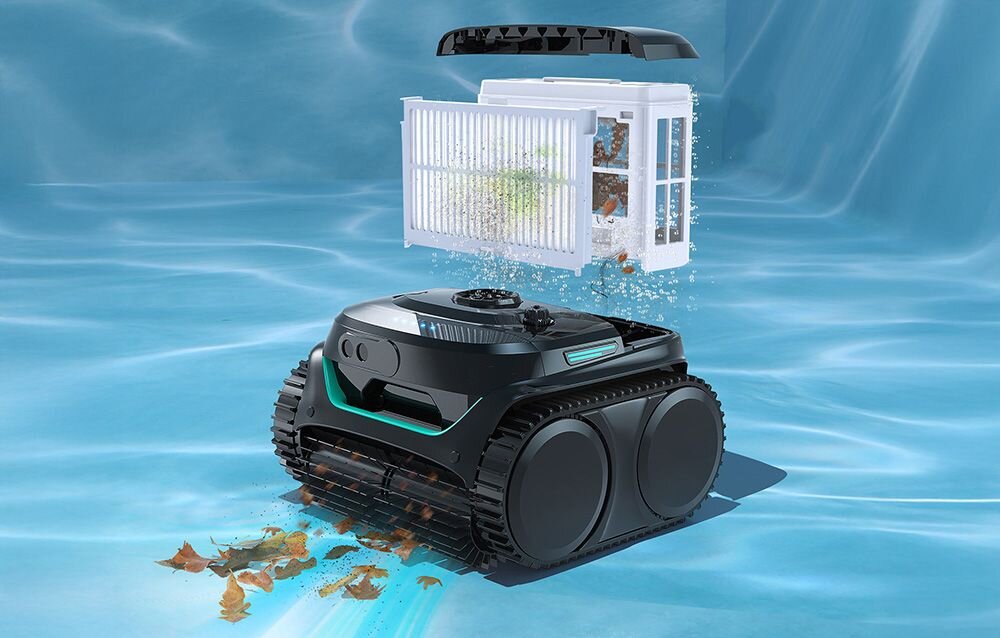 Robot do czyszczenia basenów WYBOT C2PRO, 180µm, dwuwarstwowy, ultradrobny, piasek, Podwodny widok na łatwe wyjmowanie kosza filtracyjnego z robota WYBOT.