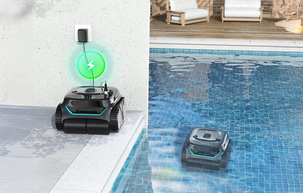 Robot do czyszczenia basenów WYBOT C2PRO, 4600mAh, 2 godziny, bez kabla, ciągły, Ładowanie robota WYBOT z gniazdka na tarasie obok basenu.