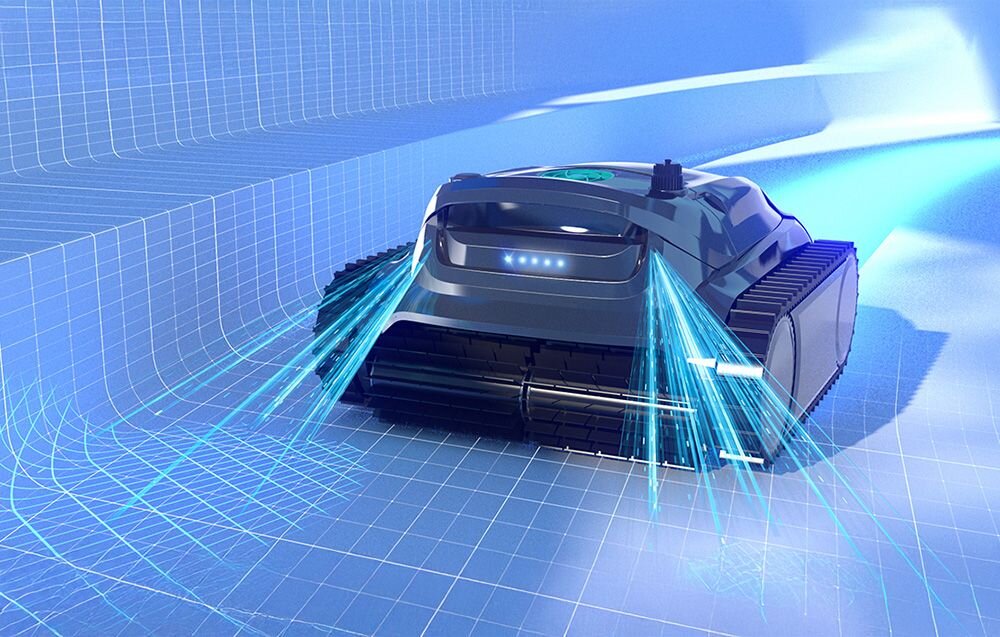 Obraz przedstawia robota do czyszczenia basenów poruszającego się po niebieskiej powierzchni z siatką. Robot emituje niebieskie strumienie wody z przodu.