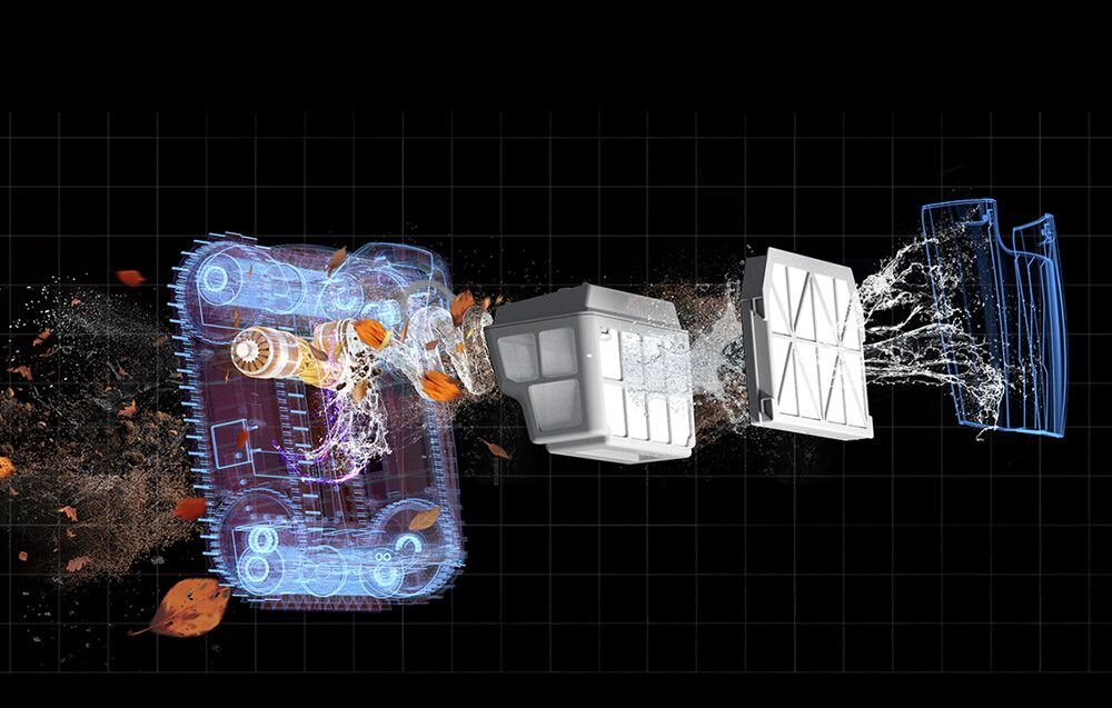 Obraz przedstawia schemat działania robota do czyszczenia basenów, pokazujący przepływ wody i zanieczyszczeń przez różne etapy filtracji. Widoczne są liście i woda, które przechodzą przez przezroczysty model urządzenia oraz filtry.