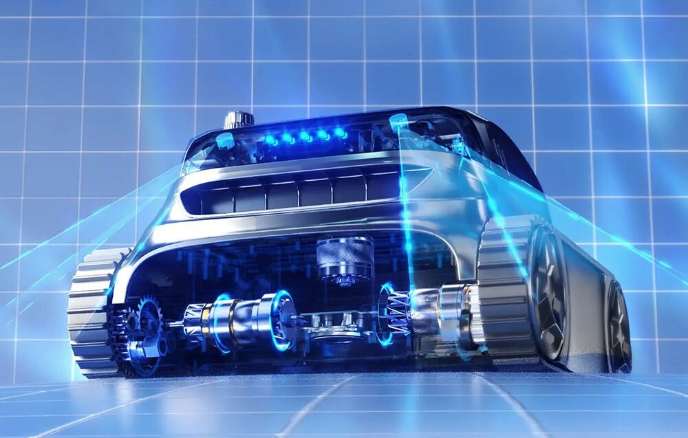 Obraz przedstawia futurystyczny robot z gąsienicami, przypominający pojazd, z niebieskimi światłami i elementami mechanicznymi. Tło to siatka w odcieniach niebieskiego.