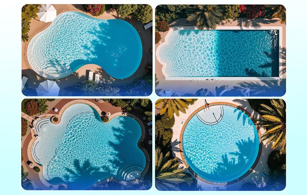 Cztery zdjęcia przedstawiają różne kształty basenów z wodą o błękitnym odcieniu, otoczone roślinnością i elementami architektury ogrodowej. Każdy basen ma unikalny kształt, a na powierzchni wody widać odbicia światła i cienie.