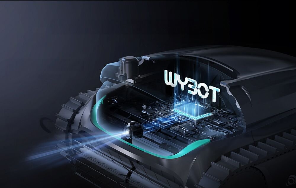 Robot do czyszczenia basenów WYBOT M2, Wizualizacja wnętrza robota Wybot M2 z widocznym procesorem sterującym i układami scalonymi pod obudową, basen, robot, czyszczenie, automatycznie