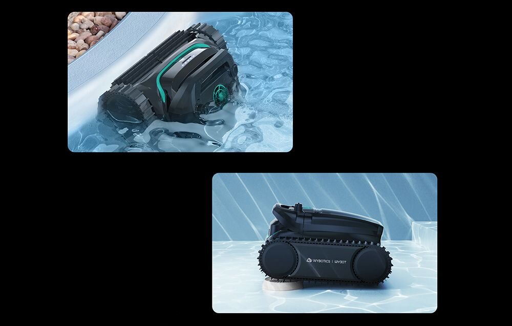 Robot do czyszczenia basenów WYBOT M2, Dwa ujęcia prezentujące robota Wybot M2 podczas pokonywania przeszkód oraz czyszczenia linii wody w basenie, moc, filtracja, ssanie, wydajność