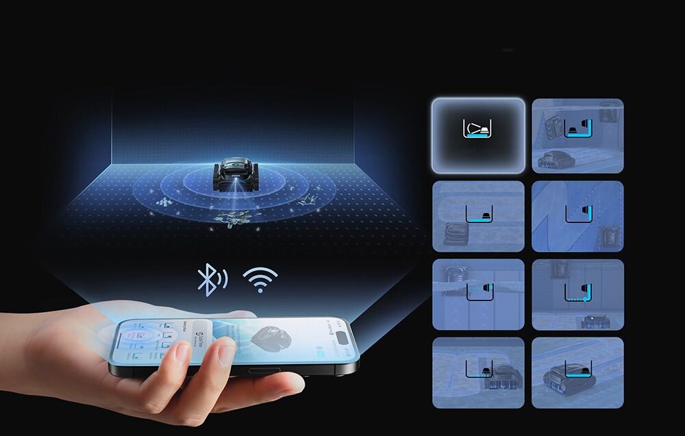 Robot do czyszczenia basenów WYBOT M2, Dłoń trzyma telefon z aplikacją do sterowania robotem Wybot M2 przez Bluetooth i Wi-Fi, harmonogram, cykl, oszczędność, energia