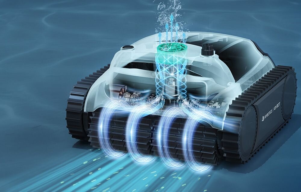 Robot do czyszczenia basenów WYBOT M2, Przekrój robota Wybot M2 pokazujący mechanizm szczotek i przepływ wody podczas wciągania zabrudzeń, linia, woda, ściany, osady