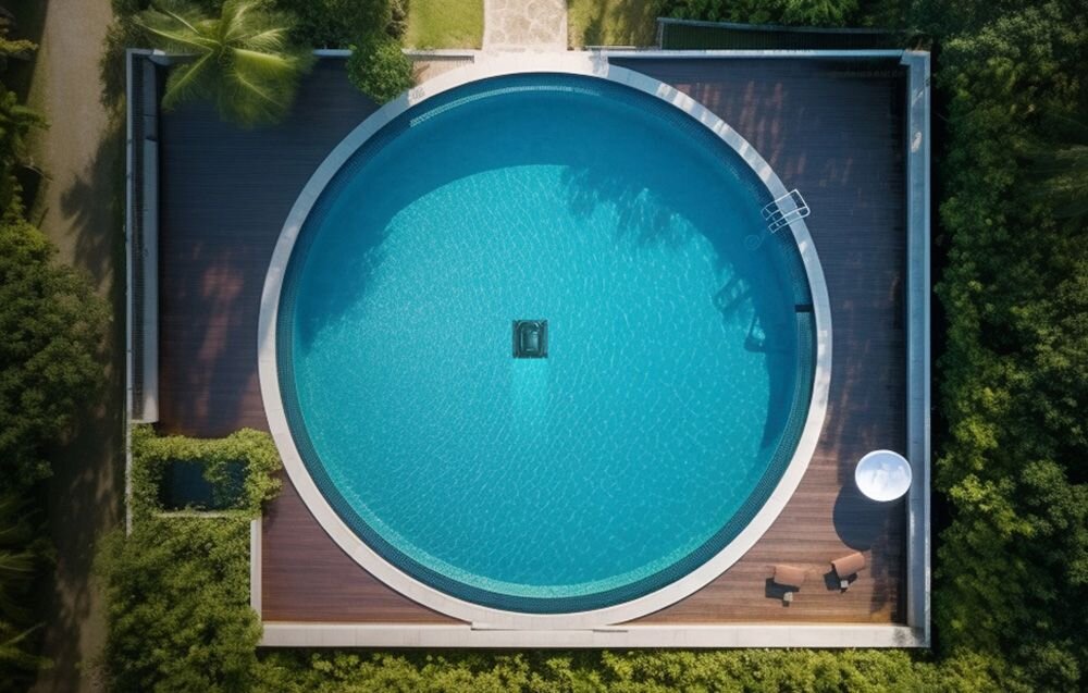 Robot do czyszczenia basenów WYBOT M2, Okrągły basen widziany z lotu ptaka z pracującym na środku urządzeniem Wybot M2, powierzchnie, uniwersalność, basen, kompatybilność