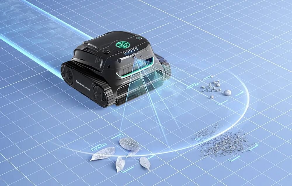 Czarny robot do czyszczenia basenów porusza się po niebieskiej siatce, emitując niebieskie światło w kierunku drobnych zanieczyszczeń. Na robocie widoczne jest logo producenta i napis \'WYBOT\'.