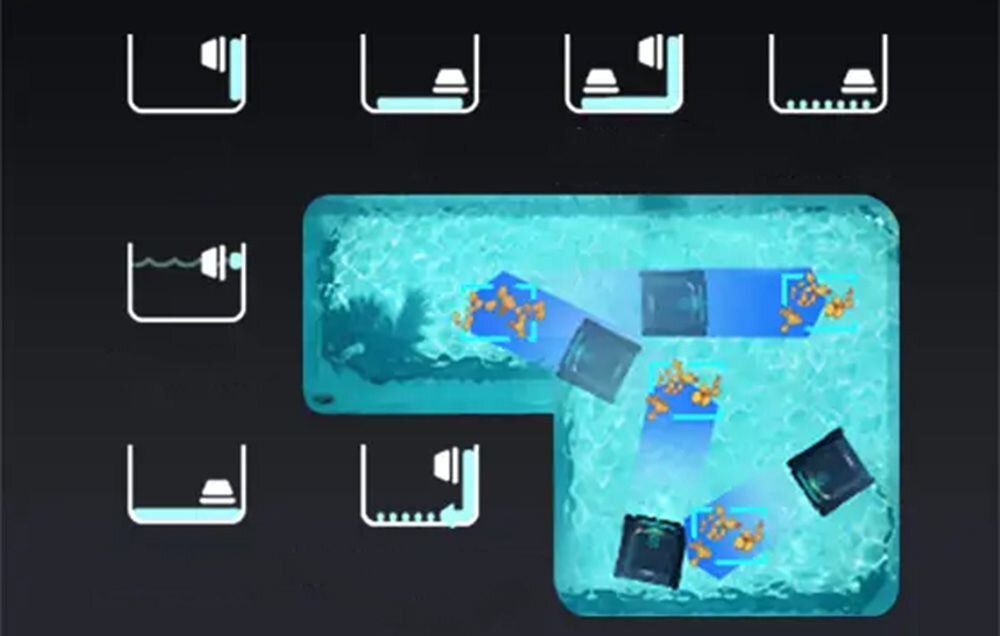 Obraz przedstawia schemat działania robota do czyszczenia basenów w kształcie litery L, z kilkoma ikonami symbolizującymi różne tryby pracy. Robot porusza się po basenie, zbierając zanieczyszczenia, co jest zilustrowane za pomocą strzałek i graficznych elementów w wodzie.