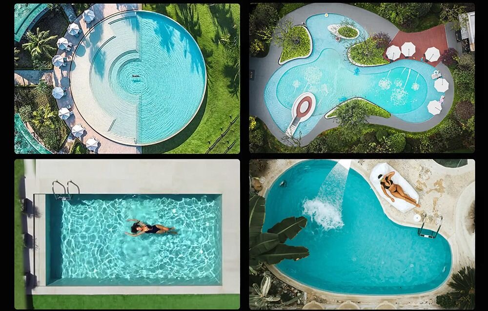 Cztery różne baseny widziane z góry, każdy o unikalnym kształcie i otoczeniu. W dwóch basenach znajdują się osoby pływające lub odpoczywające na leżakach.