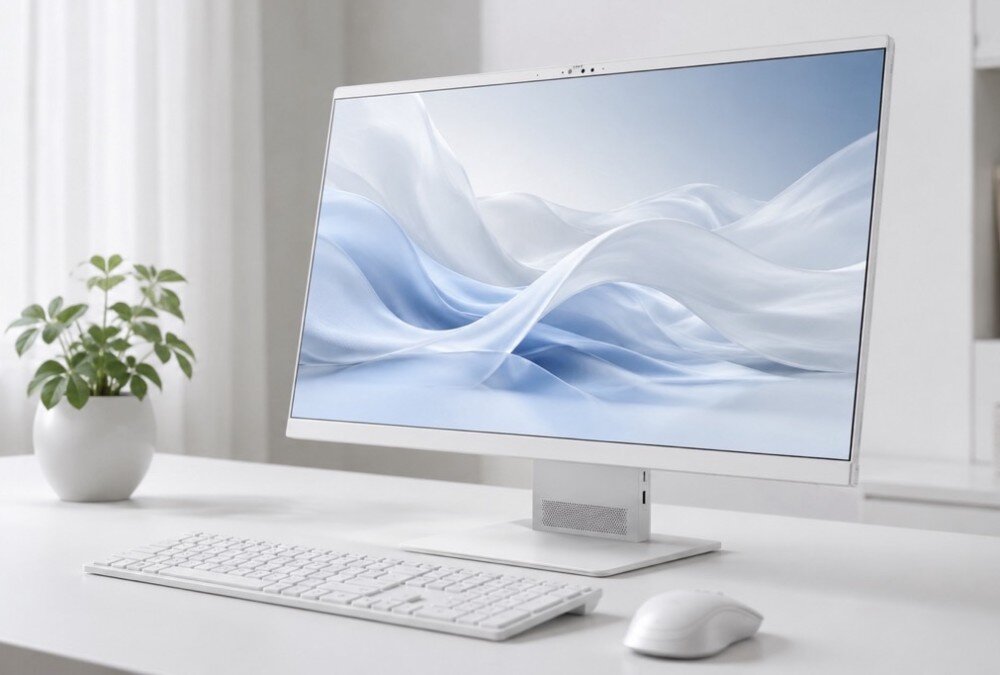 Komputer All in One ACER Aspire S24B-GMTL-U Komputer typu All in One stoi na jasnym biurku z bezprzewodową klawiaturą i myszką, po lewej stronie znajduje się mała roślina w doniczce