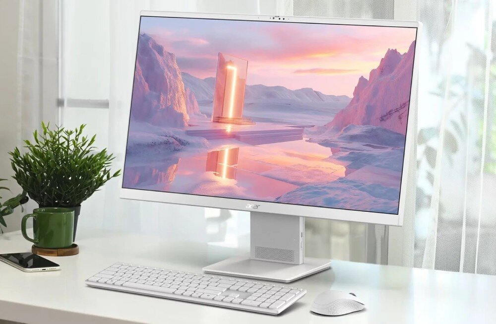 Komputer All in One ACER Aspire S24B-GMTL-U Ekran komputera stacjonarnego na biurku wyświetla grafikę z podświetloną bramą, obok stoi zielony kubek, smartfon oraz roślina doniczkowa