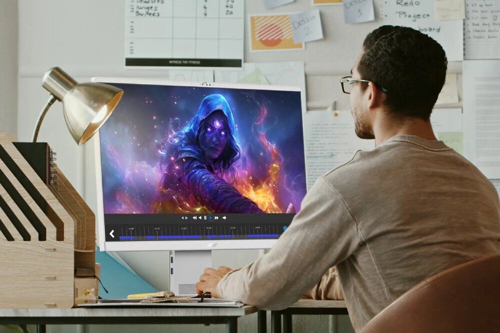 Komputer All in One ACER Aspire S24B-GMTL-U Mężczyzna w okularach siedzi tyłem i patrzy na ekran komputera, na którym widoczny jest proces edycji wideo z postacią w kapturze