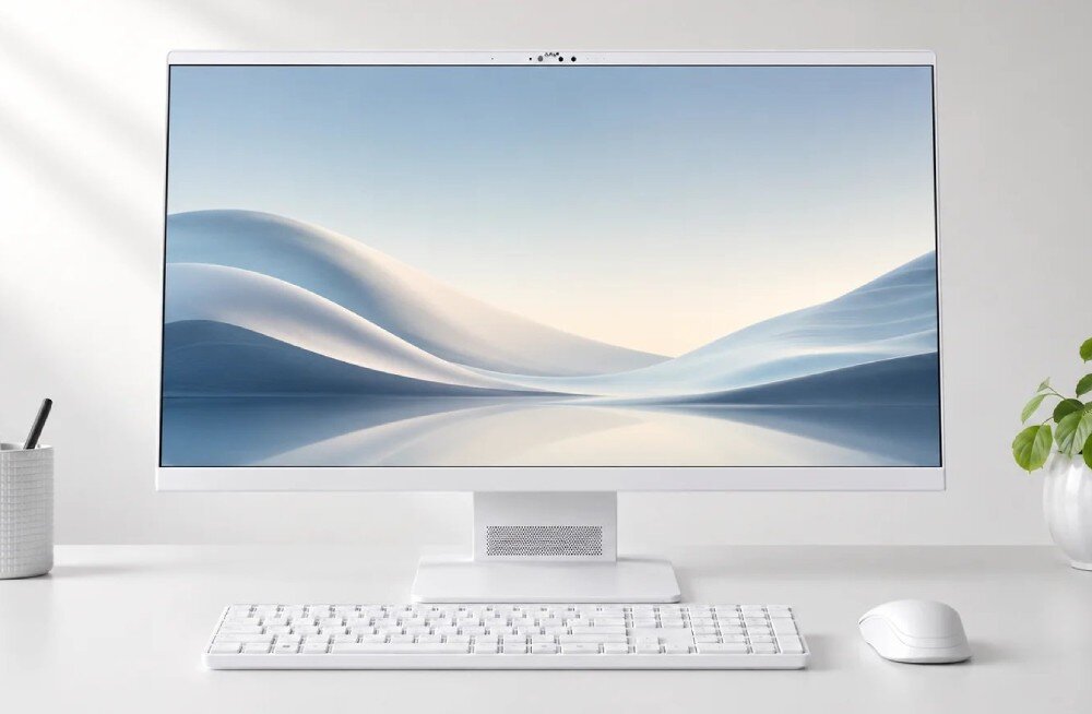 Komputer All in One ACER Aspire S24B-GMTL-U Komputer All in One ustawiony na wprost na jasnym biurku z klawiaturą i myszką, po lewej stronie stoi przybornik, a po prawej roślina