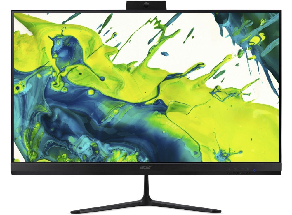 Monitor komputera z wyświetlaczem pokazującym abstrakcyjną grafikę w kolorach zielonym i niebieskim. Na dolnej ramce widoczne jest logo \'acer\'.