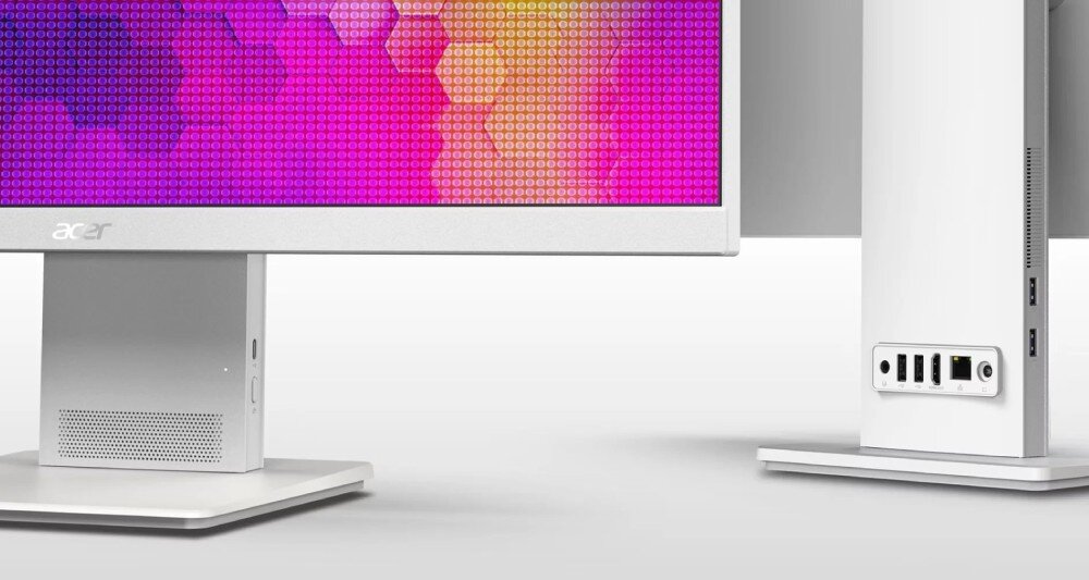 Komputer All in One ACER Aspire S24B-GMTL-U Zbliżenie na dolną część komputera prezentujące porty USB z boku podstawy monitora oraz panel z gniazdami z tyłu obudowy urządzenia