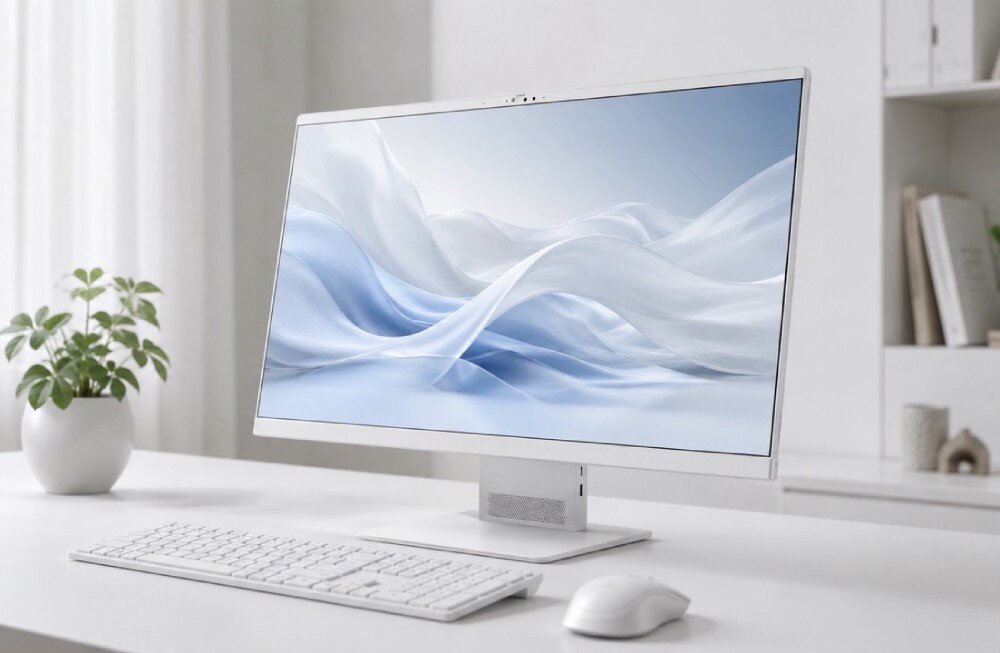 Na biurku znajduje się komputer All in One z dużym monitorem, klawiaturą i myszką, w jasnej kolorystyce. Obok monitora stoi mała roślina w doniczce.