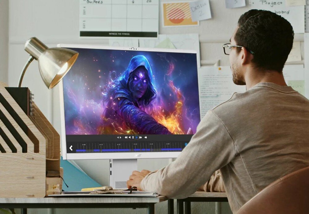 Komputer All in One ACER Aspire S27 AI S27B-UGLNL Mężczyzna w okularach pracujący przy komputerze, na którego ekranie widoczny jest interfejs do edycji wideo z postacią z gry