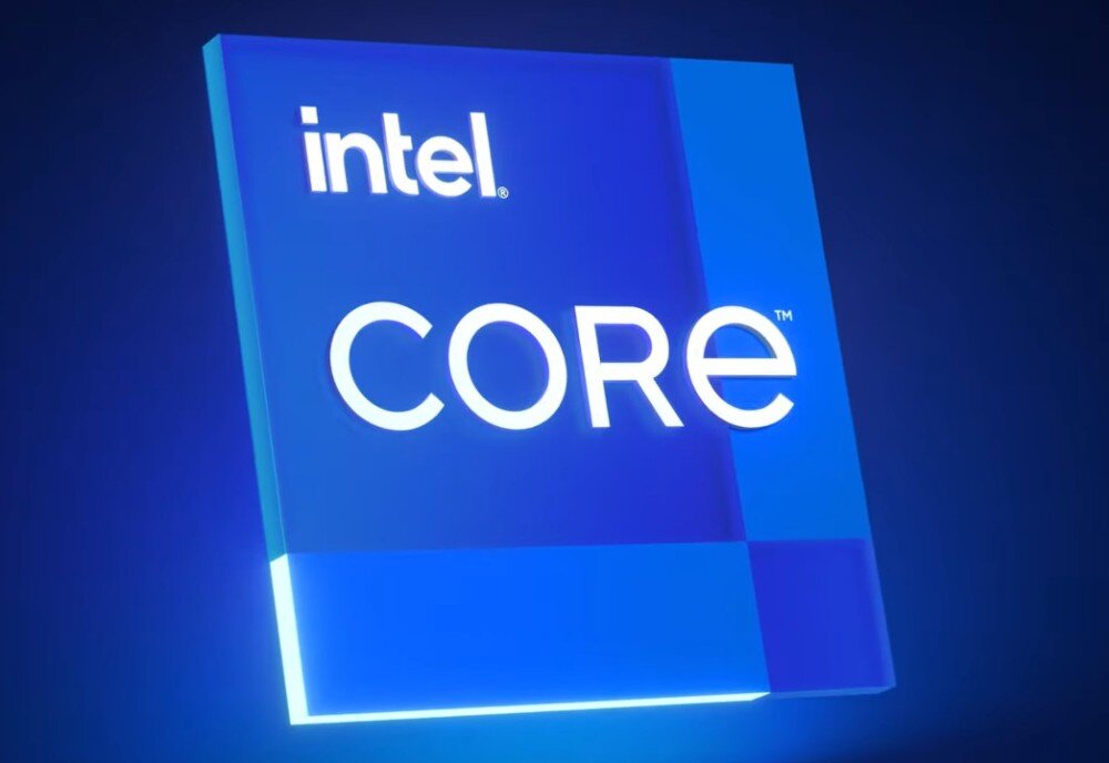 Niebieski kwadratowy znak z napisem \'intel CORE\'.