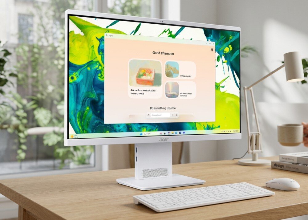 Komputer All in One ACER Aspire S24B-GMTL-H Komputer stojący na drewnianym biurku z wyświetlonym okienkiem 'Good afternoon' oraz klawiaturą i myszą