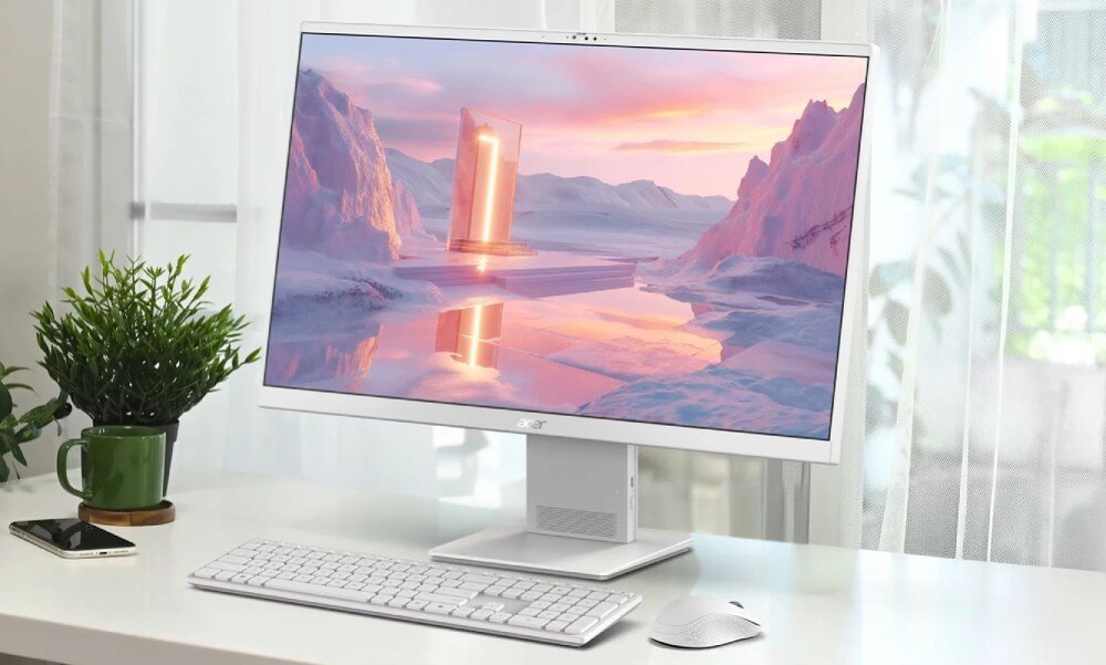 Komputer All in One ACER Aspire S24B-GMTL-H Komputer all-in-one na biurku z widocznym na ekranie krajobrazem, obok klawiatury, myszy, kubka i telefonu