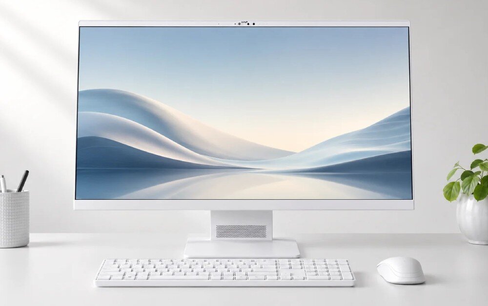 Komputer All in One ACER Aspire S24B-GMTL-H Komputer all-in-one ustawiony na wprost na biurku z klawiaturą, myszą, kubkiem z przyborami i rośliną