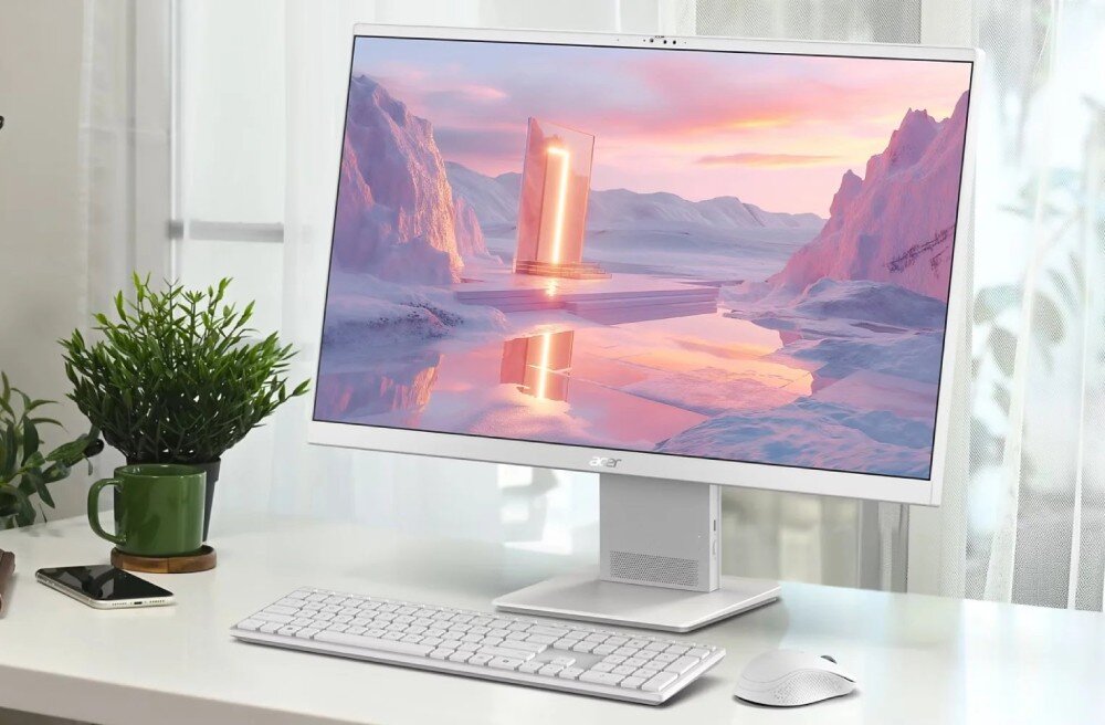 Komputer All in One ACER Aspire S27B-UGMTL-H Komputer stojący na jasnym blacie obok kubka z rośliną, prezentujący na ekranie krajobraz z geometryczną konstrukcją