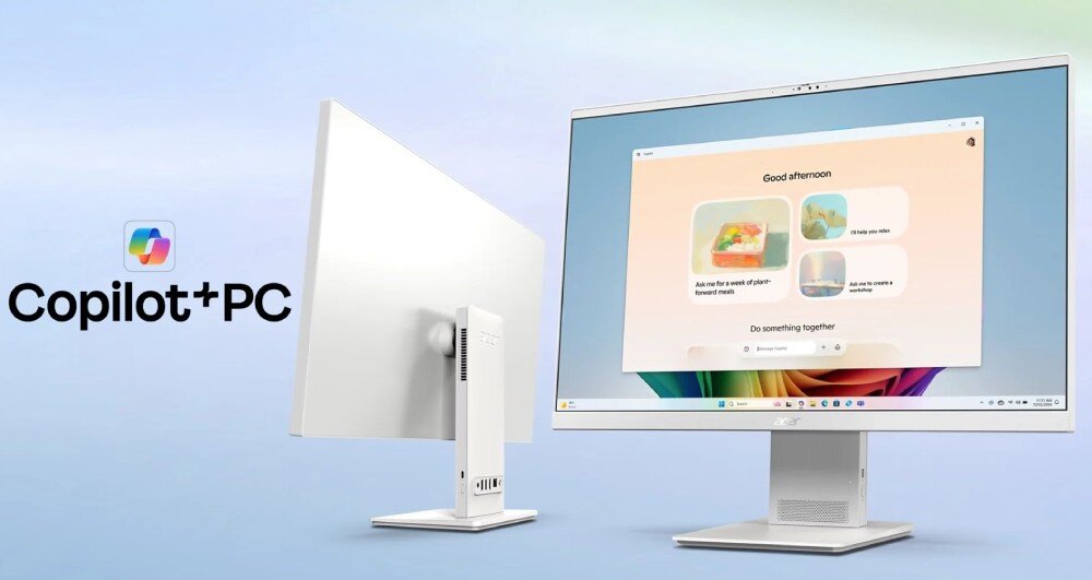 Komputer All in One ACER Aspire S27B-UGMTL-H Przód i tył komputera stacjonarnego na jasnym tle obok logotypu 'Copilot+ PC', na ekranie otwarte okno aplikacji