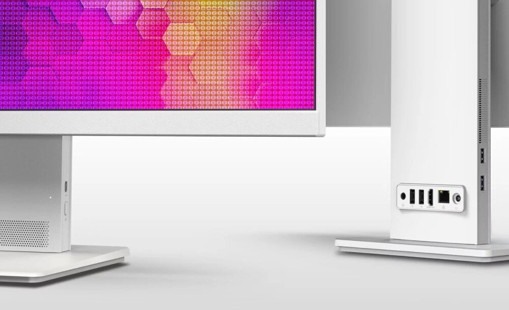 Komputer All in One ACER Aspire S27B-UGMTL-H Zbliżenie na dolną część obudowy oraz tył podstawy komputera z widocznymi portami wejścia i wyjścia