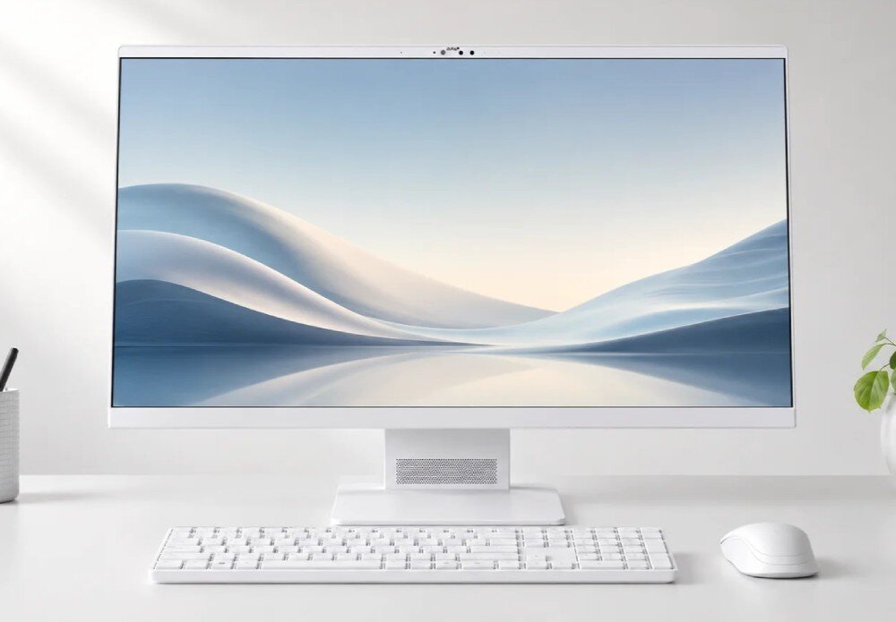 Komputer All in One ACER Aspire S27B-UGMTL-H Komputer stacjonarny widoczny od przodu, ustawiony symetrycznie na biurku przed płaską klawiaturą i myszą
