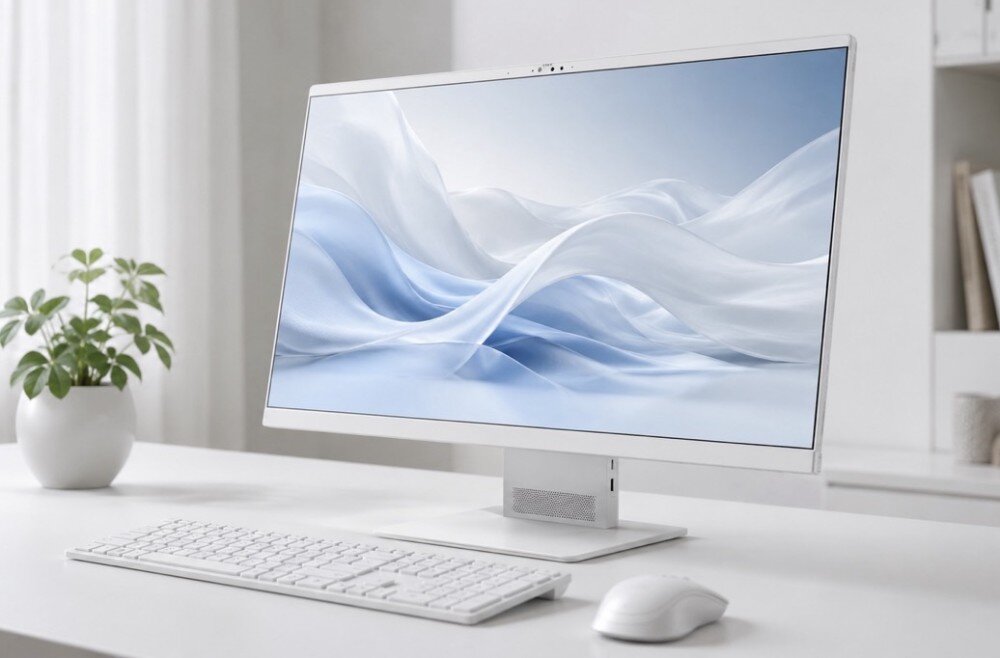Komputer All in One ACER Aspire S27B-UGMTL-H Komputer stacjonarny typu All in One stojący na biurku z klawiaturą i myszą, z widoczną abstrakcyjną grafiką na ekranie