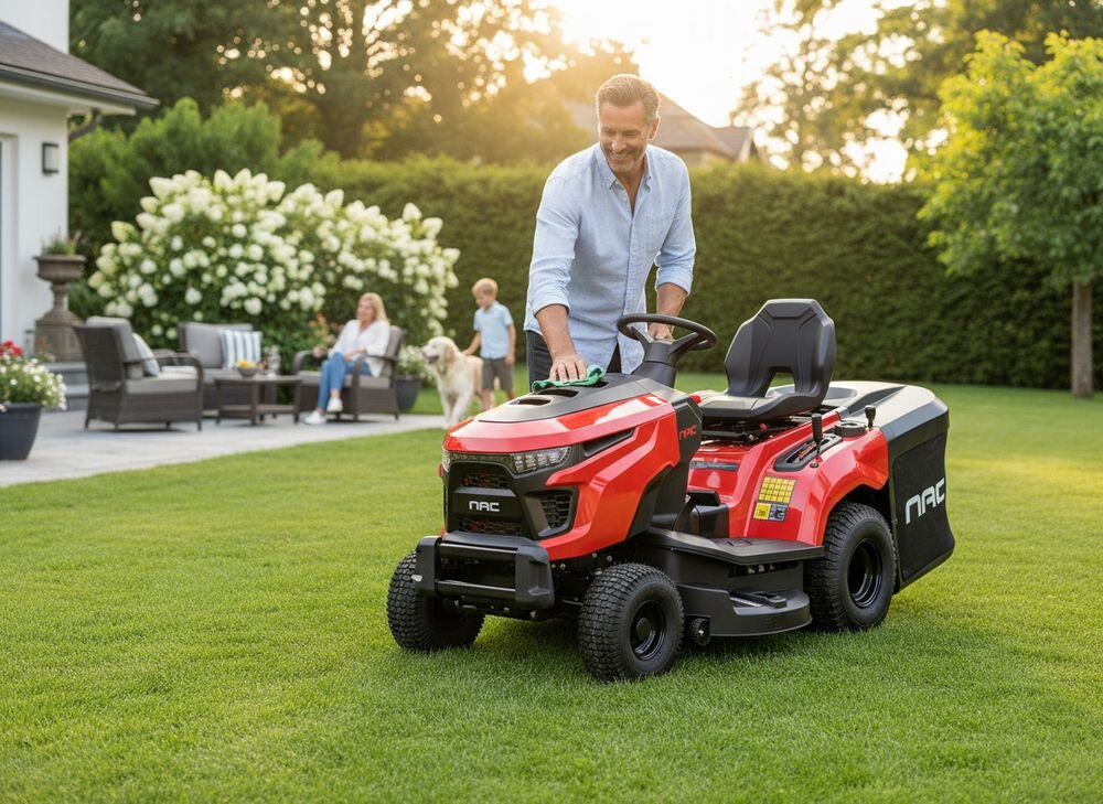 Traktor ogrodowy NAC TR86-352L-RC-NO Loncin 860mm 7.65kW, 352 cm3, moc 7.65 kW, szerokość 86 cm, Mężczyzna czyści czerwony traktor ogrodowy na trawniku.