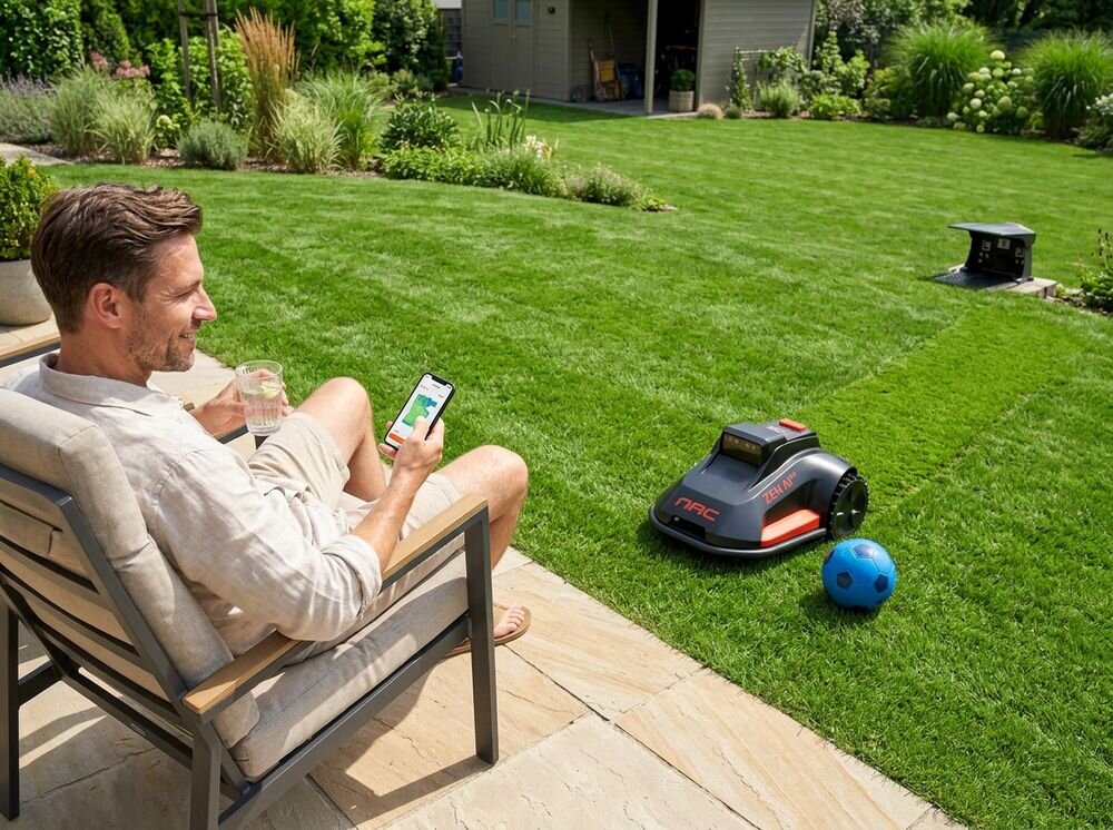 Robot koszący NAC N0800-AI Sterowanie Bluetooth/Wi-Fi/GSM Bez przewodu ograniczającego 800m2, robot koszący, kosiarka, ogród, trawnik, Mężczyzna steruje robotem koszącym NAC za pomocą smartfona.