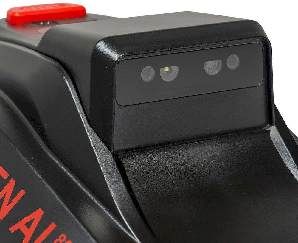 Robot koszący NAC N0800-AI Sterowanie Bluetooth/Wi-Fi/GSM Bez przewodu ograniczającego 800m2, robot, kamera, nawigacja, kosiarka, Zbliżenie na przednie kamery i czujniki robota koszącego.