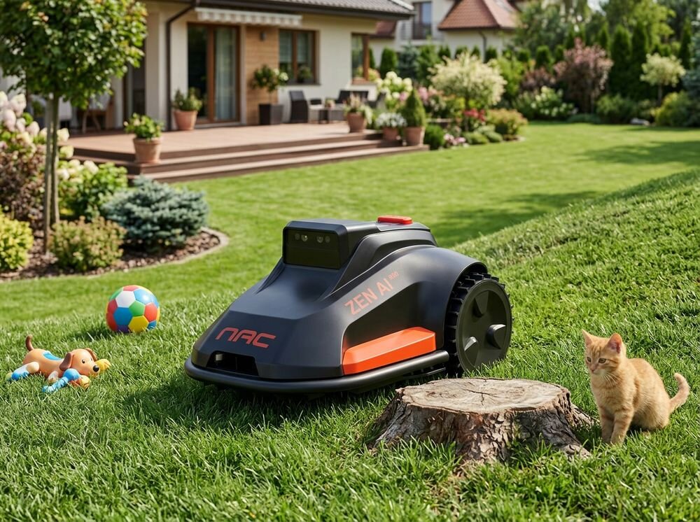 Robot koszący NAC N0800-AI Sterowanie Bluetooth/Wi-Fi/GSM Bez przewodu ograniczającego 800m2, kamera, czujniki, omijanie, przeszkody, Robot koszący na trawniku omija zabawki i kota.