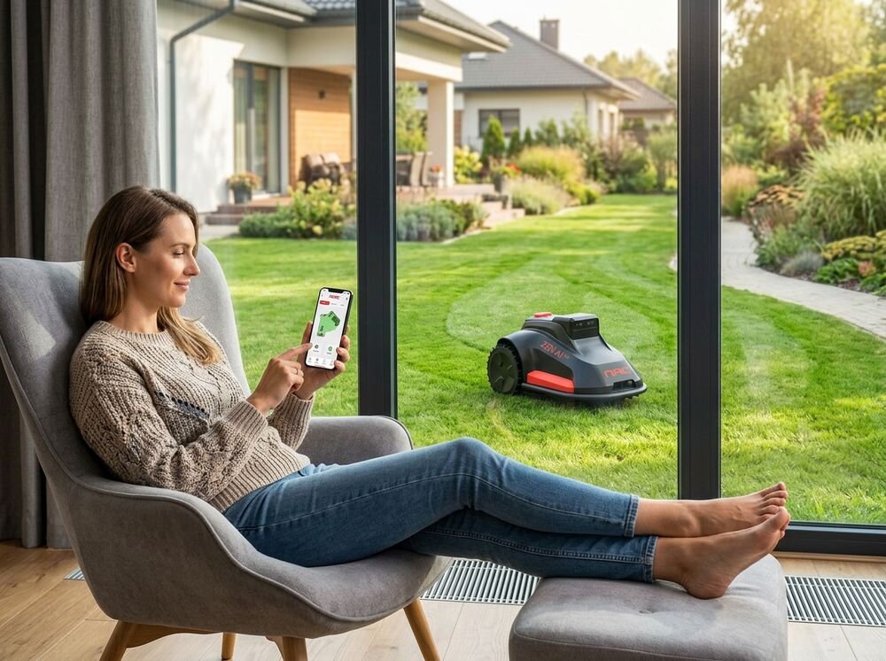 Robot koszący NAC N1000-AI Sterowanie Bluetooth/Wi-Fi/GSM Bez przewodu ograniczającego 1000m2, aplikacja, smartfon, sterowanie, wifi, Kobieta w fotelu kontroluje pracę robota koszącego w aplikacji.