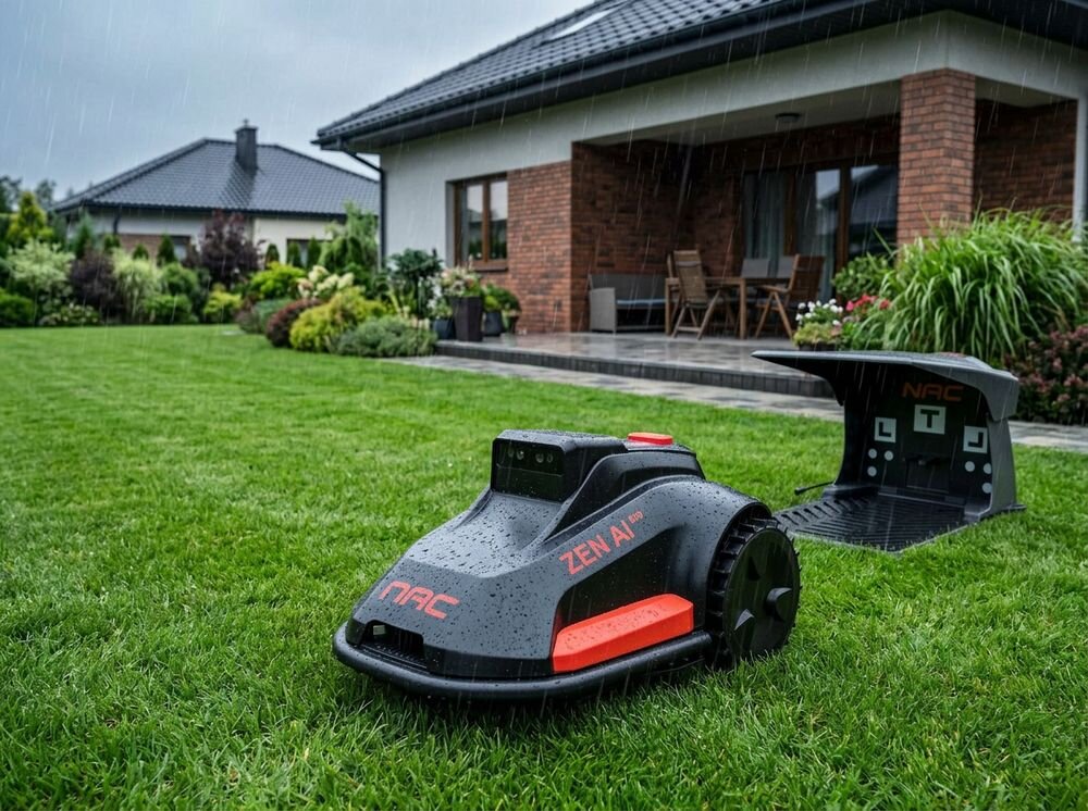 Robot koszący NAC N1000-AI Sterowanie Bluetooth/Wi-Fi/GSM Bez przewodu ograniczającego 1000m2, daszek, stacja, ochrona, czujnik, Robot koszący NAC w deszczu powraca do stacji ładującej.
