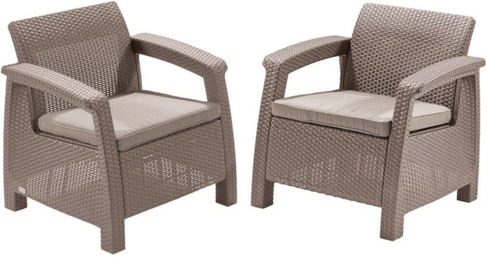 Zestaw mebli ogrodowych KETER Corfu Duo Cappuccino stolik kawowy dwa fotele ponadczasowy styl w kolorze cappuccino
