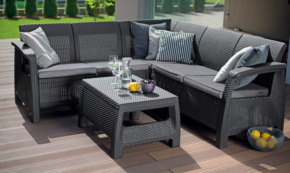 Narożnik ogrodowy KETER Corfu Relax Set Brąz-taupe do picia kawy do czytania książki o słuchania muzyki narożnik 182 x 182 x 79 cm opływowy uniwersalny kształt