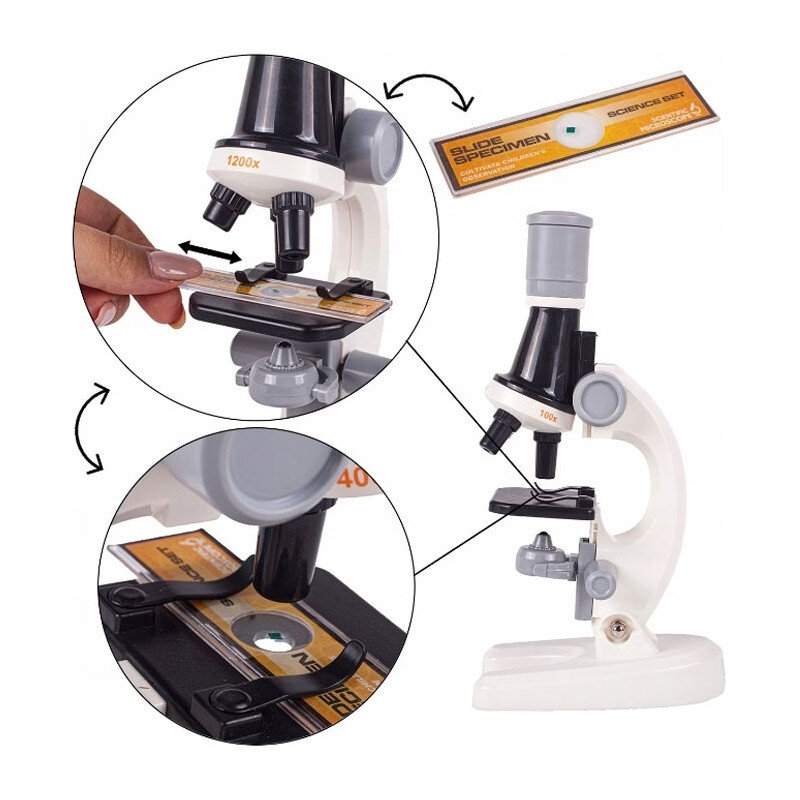 Obraz przedstawia biały mikroskop z trzema obiektywami, oznaczonymi jako 1200x, 400x i 100x. Obok mikroskopu znajduje się szkiełko z napisem \'SLIDE SPECIMEN SCIENCE SET\'.