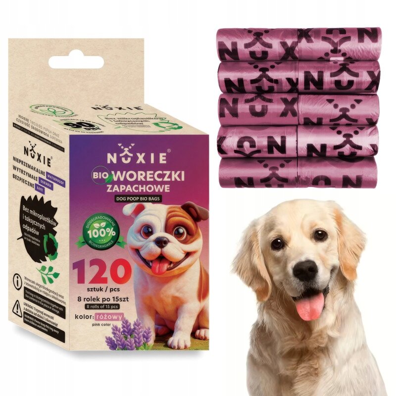 Na obrazie widoczny jest produkt \'Nuxie Bio Woreczki Zapachowe\' w opakowaniu z ilustracją psa oraz stos różowych rolek z napisem \'NUXIE\'. Obok znajduje się zdjęcie psa z wywieszonym językiem.