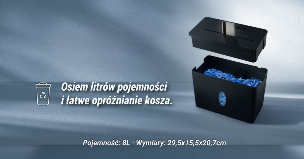 Niszczarka HAMA Safe X40-B Shredder P-4, Ścinki, Automatyczny Start/Stop, Funkcja cofania prezentacja niszczarki napis osiem litrów pojemności i łatwe opróżnianie kosza na dole pojemność oraz wymiary pojemność kosza okienko podglądu wymiary oszczędność miejsca