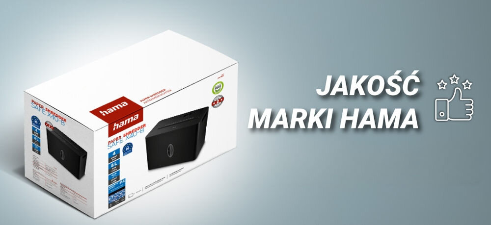 Niszczarka HAMA Safe X40-B Shredder P-4, Ścinki, Automatyczny Start/Stop, Funkcja cofania Pudełko niszczarki z tekstem 'JAKOŚĆ MARKI HAMA' i ikoną kciuka w górę bezpieczeństwo wygoda trwałość cicha praca
