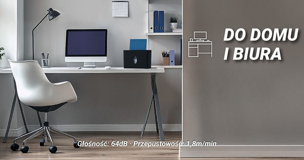 Niszczarka HAMA Safe X40-B Shredder P-4, Ścinki, Automatyczny Start/Stop, Funkcja cofania prezentacja niszczarki w jasnym gabinecie obok napis na brązowej ścianie do domu i biura na dole głośność i przepustowość wydajność porządek bezpieczeństwo danych wygoda pracy