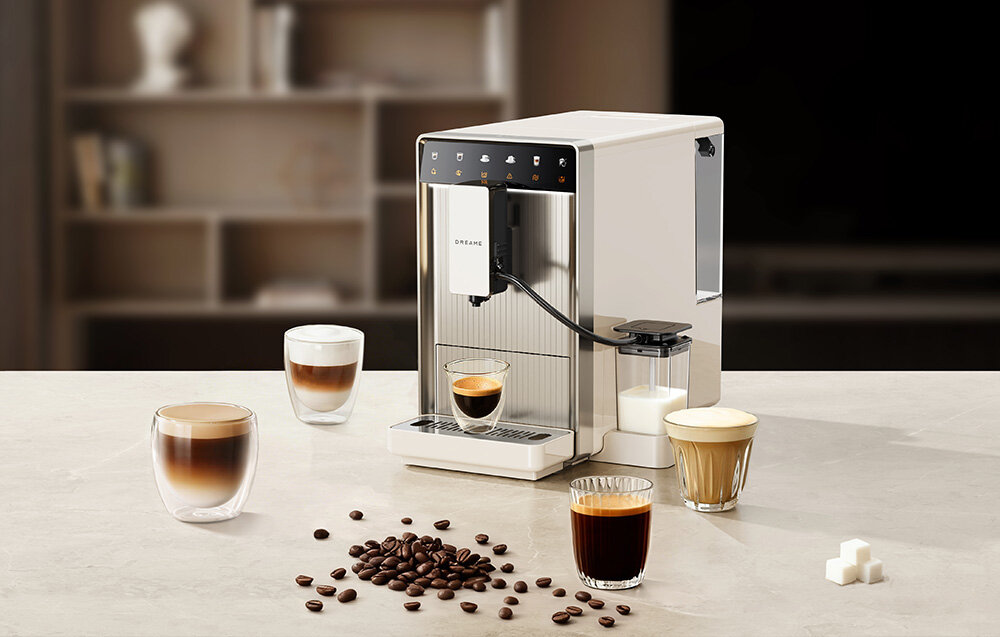 Ekspres DREAME Ecceluxe™ Slim FCM30 Beżowy Praktyczne rozwiązania zbiornik woda pojemnik ziarna pojemność mleko regulacja wysokość wylewka zakres tacka  System powiadomień