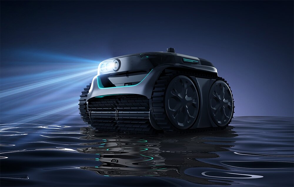 Robot do czyszczenia basenów WYBOT C2 Pro Vision, Robot basenowy z włączonym reflektorem poruszający się po powierzchni wody w nocy, tryby, sterowanie, aplikacja, dopasowanie