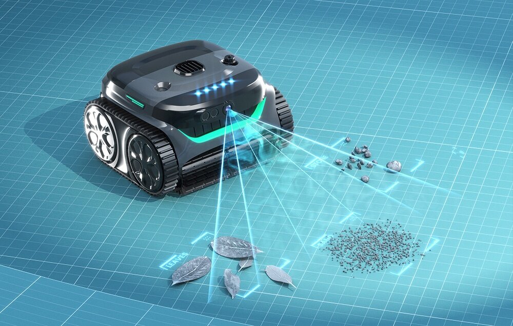 Robot do czyszczenia basenów WYBOT C2 Pro Vision, Robot basenowy skanujący dno z liśćmi, piaskiem i kamieniami za pomocą wiązek światła, moc, filtracja, wydajność, skuteczność