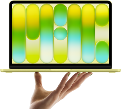 MacBook Neo w&nbsp;kolorze cytrusowożółtym, leżący na&nbsp;palcach otwartej dłoni, na&nbsp;ekranie widać kolorowy abstrakcyjny wzór
